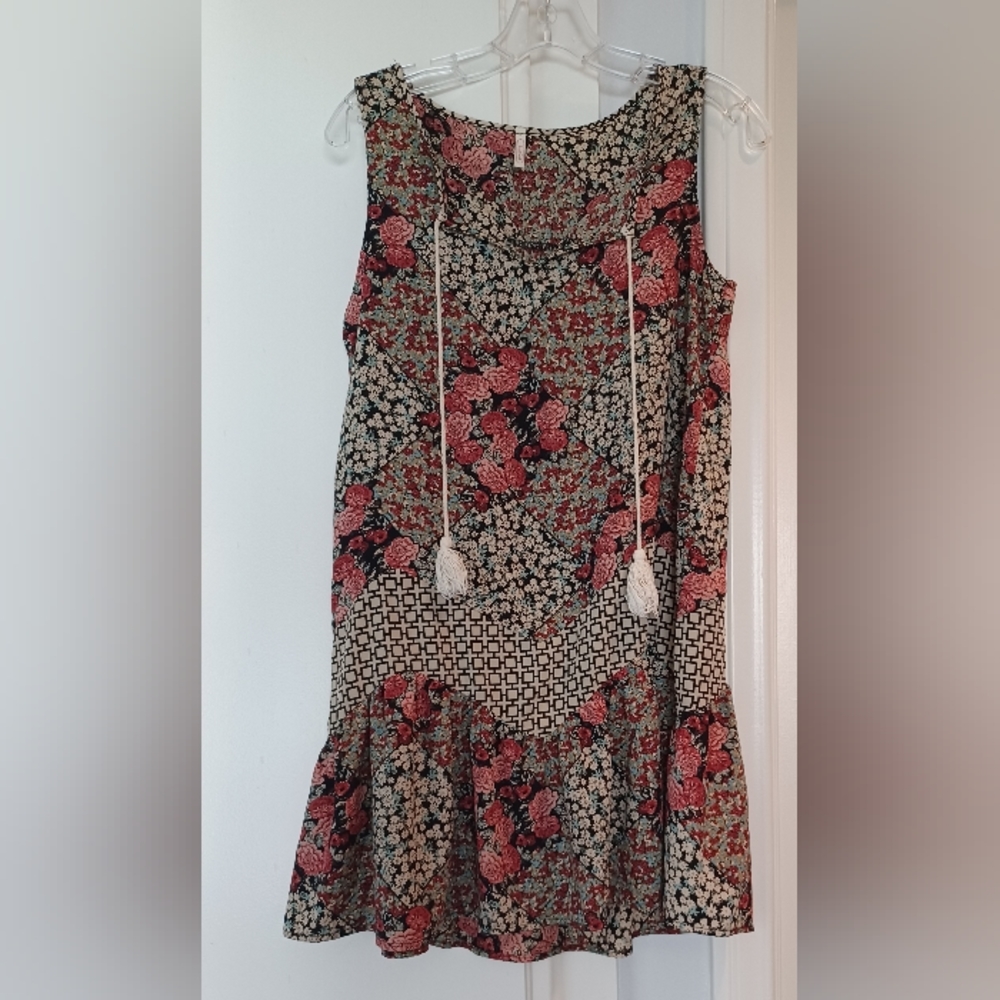 Tua Tua S Boho Patchwork Drop Waist Slvls Tunic Ruffle Hem Tassels Mini Dress